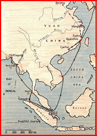 Kaart van een deel van de reizen van Zheng He
